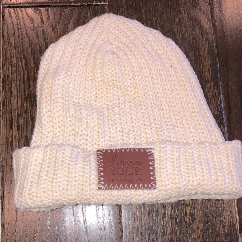 Love your melon white speckled cuff beanie hat new with tags